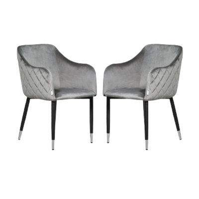 Life Interiors Set Of 2 Grey Verona Velvet Dining Chairs With Quilted Back & Black Legs - Modern Accent Chair With Silver Foot Tips - image 1