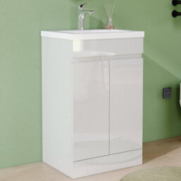 AVER-GROWTH 600mm Vanity Unit With Basin Gloss White Thick Ceramic Sink Floor Standing Bathroom Storage Cabinet Soft Close Hinges 2 Doors