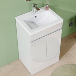 AVER-GROWTH 600mm Vanity Unit With Basin Gloss White Thick Ceramic Sink Floor Standing Bathroom Storage Cabinet Soft Close Hinges 2 Doors - thumbnail 3