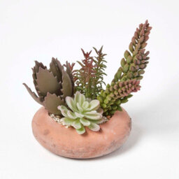 Homescapes Artificial Green Handcrafted Succulent Arrangement In Decorative Round Terracotta Pot, 15 Cm