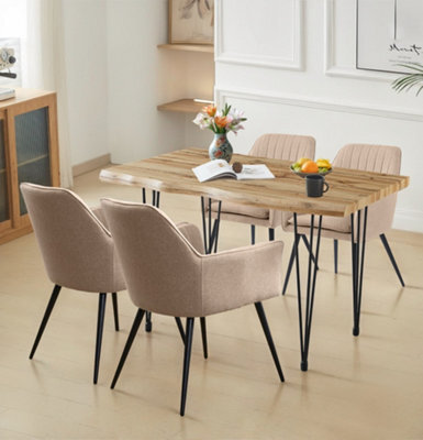 Hallowood Furniture Cullompton Large Dining Table 120Cm, Live Edge Effect Top,  With 4 Light Brown Fabric Arm Chairs - image 1