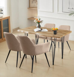 Hallowood Furniture Cullompton Large Dining Table 120Cm, Live Edge Effect Top,  With 4 Light Brown Fabric Arm Chairs - thumbnail 1