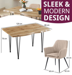Hallowood Furniture Cullompton Large Dining Table 120Cm, Live Edge Effect Top,  With 4 Light Brown Fabric Arm Chairs - thumbnail 3
