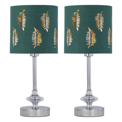 First Choice Lighting Set Of 2 Chrome Jewelled Table Lamps With Dark Green Fern Shades - image 1