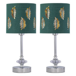First Choice Lighting Set Of 2 Chrome Jewelled Table Lamps With Dark Green Fern Shades