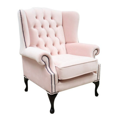 Chesterfield High Back Wing Chair Passion Powder Pink Velvet In Mallory Style - image 1