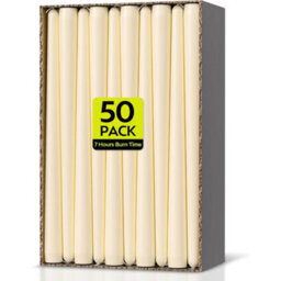 Taper Dinner Candles, Non-Drip Long Candles, 7 Hour Burn Time, Paraffin Wax, Cotton Wicks, Unscented, Ivory White, 50 Pack - thumbnail 1