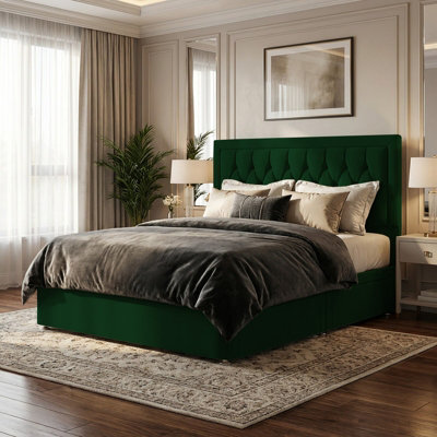 "Adore Designs Diamond Cut Bumper Plush Velvet Divan Bed, 50"" Headboard - 4Ft Small Double - Emerald Green - 4 Drawers" - image 1