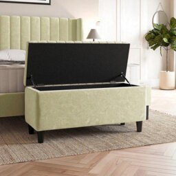 90Cm Lined Upholstered Ottoman Storage Box - Cream Plush Velvet Blanket Storage Box With Wooden Legs - thumbnail 2