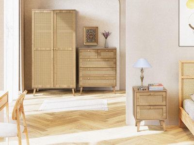 Swish Furniture Manila Oak & Pvc Rattan 3 Piece Bedroom Set With 2 Door Double Wardrobe, 2 Drawer Bedside And 3+2 Drawer Chest - image 1