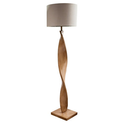Floor Lamp Light Oak Effect Resin & Natural Linen 10W Led E27 Base & Shade - image 1