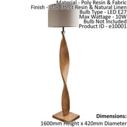 Floor Lamp Light Oak Effect Resin & Natural Linen 10W Led E27 Base & Shade - thumbnail 2