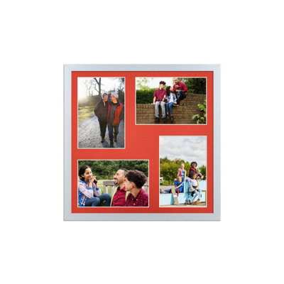 AK Frames 12X12 Silver Sleek Multi Photo Frame With Poppy Red Mount - Holds 4 Apertures (4X) 6X4 Photos - image 1