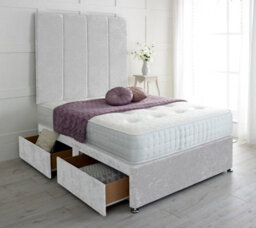 "Slumbre Stafford Crushed Velvet Divan Bed, With Pocket Mattress & 36"" Headboard - 4Ft6 Double - White - 0 Drawers"