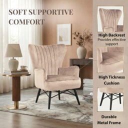 Evre Velvet Armchair, Large High Back Accent Reading Chairs For Living Room, Bedroom Or Office, Sand Pink - thumbnail 5