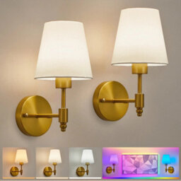 Harper Living Set Of 2 Battery Wall Lights, Fabric Lamps With Rechargeable Bulbs, Remote, 3 Cct & 9 Rgb Dimmable Brass