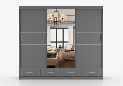 Arte Grey Matte Sliding Wardrobe With Mirror 250Cm - Elegant, Organised Living - image 1