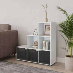 Urbn-Living Urbnliving Height 90.5Cm 6 Cube Step Storage White Bookcase And Black Doors For Home Office Organizer Display Shelf Unit - thumbnail 3