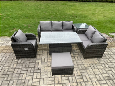 Fimous Outdoor Rattan Furniture Garden Dining Set Height Adjustable Rising Lifting Table Reclining Chair Sofa With Side Table - image 1