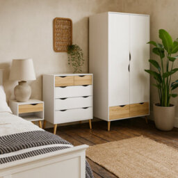 Wyld Haus Sapporo 4-Piece Bedroom Set - Wardrobe, 5-Drawer Chest And 2 Bedside Tables White And Natural Oak Effect