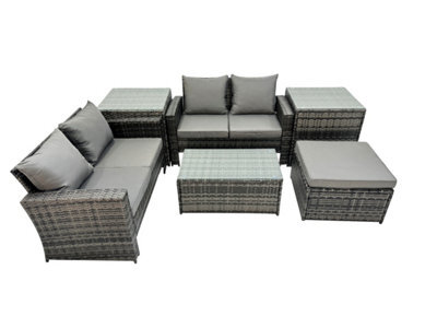 Fimous Pe Rattan Garden Furniture Set Lounge Double Seat Sofa Coffee Table Set With 2 Side Tables Big Stool Dark Grey Mixedmixed - image 1