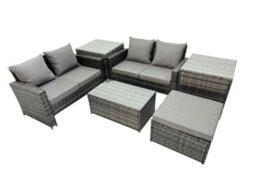 Fimous Pe Rattan Garden Furniture Set Lounge Double Seat Sofa Coffee Table Set With 2 Side Tables Big Stool Dark Grey Mixedmixed - thumbnail 2