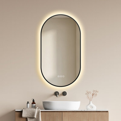 Emke Oval Led Bathroom Mirror 45 X 75Cm, Matte Black Aluminium Frame, 3 Colour Temperatures, Dimmable, Anti-Fog, Touch Control - image 1
