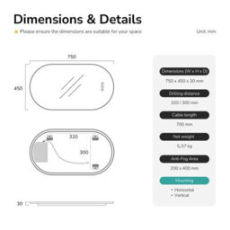 Emke Oval Led Bathroom Mirror 45 X 75Cm, Matte Black Aluminium Frame, 3 Colour Temperatures, Dimmable, Anti-Fog, Touch Control - thumbnail 8