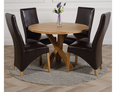 That's Furniture Oregon Round Oak Dining Table And 4 Chairs Dining Set With Lola Brown Leather Chairs - image 1