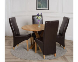 That's Furniture Oregon Round Oak Dining Table And 4 Chairs Dining Set With Lola Brown Leather Chairs - thumbnail 3