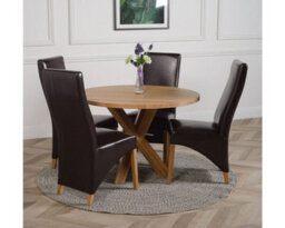 That's Furniture Oregon Round Oak Dining Table And 4 Chairs Dining Set With Lola Brown Leather Chairs - thumbnail 2