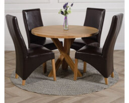 That's Furniture Oregon Round Oak Dining Table And 4 Chairs Dining Set With Lola Brown Leather Chairs