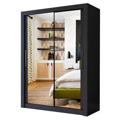 Ie Milan Sliding Mirror Door Wardrobe With Drawers & Shelves - Modern Bedroom Wardrobe, Black, (120 Cm X 216Cm ) - image 1