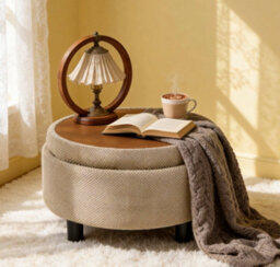 Abrihome Camel Round Storage Ottoman With Removable Tray Top, Nubby Upholstered Coffee Table For Living Room & Bedroom