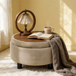 Abrihome Camel Round Storage Ottoman With Removable Tray Top, Nubby Upholstered Coffee Table For Living Room & Bedroom - thumbnail 9