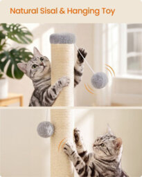 Ledrem Cat Scratching Post For Adult Cats, Natural Sisal With Heavy Base And Dangling Toy, 40 X 40 X 84 Cm, Light Grey - thumbnail 6