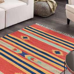 Wyld And Coco Kilim Handwoven Cotton Rug 140 X 200Cm - Reversible Multicolour Geometric Flat-Weave With Tassels - thumbnail 2
