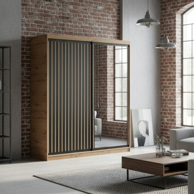 Delia 180 Black Sliding Door Wardrobe Modern Design With Mirror And Decorative Slats - image 1