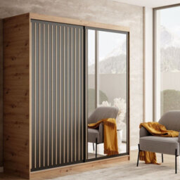 Delia 180 Black Sliding Door Wardrobe Modern Design With Mirror And Decorative Slats - thumbnail 2