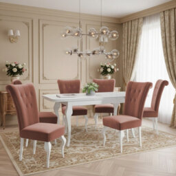 Extendable Dining Table And 6 Chairs Wood Mdf Hdf Chipboard Lara 140 To 180X80X75Cm White Oak Finish White And Orange