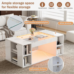 Btm High Gloss Coffee Table With Open Storage Led Glass Top 100X50X40Cm White - thumbnail 8