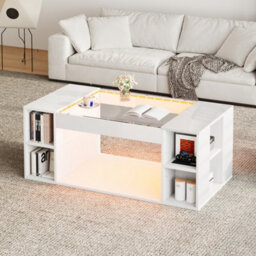Btm High Gloss Coffee Table With Open Storage Led Glass Top 100X50X40Cm White - thumbnail 4