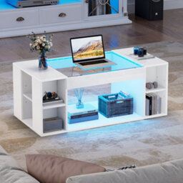 Btm High Gloss Coffee Table With Open Storage Led Glass Top 100X50X40Cm White - thumbnail 5
