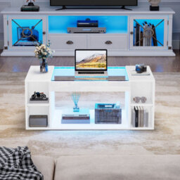 Btm High Gloss Coffee Table With Open Storage Led Glass Top 100X50X40Cm White - thumbnail 3
