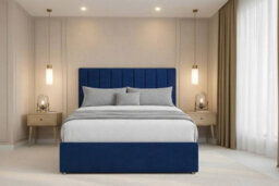 "Chester & Oakley Beds Chester & Oakley Lunar Navy Plush Divan Bed Base No Drawers With 26"" Strutted Headboard 4' Small Double"