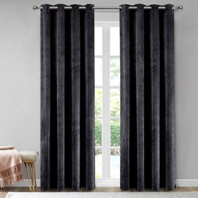 Aspire Homeware Charcoal Velvet Curtain Room Darkening Blackout Eyelet Curtain Pair (W) 228Cm X (D)228Cm With Tie Back Pair