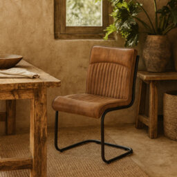 Wyld Haus Germain Tan Brown Upholstered Ribbed Leather Dining Chair - thumbnail 1