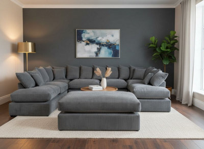 London Cinema U Shape Sofa , Corner Sofa And Big Footstool,grey Jumbo Cord Fabric ,fluffy Fibre Seats - image 1