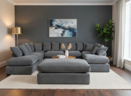 London Cinema U Shape Sofa , Corner Sofa And Big Footstool,grey Jumbo Cord Fabric ,fluffy Fibre Seats
