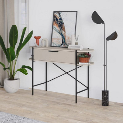 Sandstone Console Table 1 Drawer 2 Shelves Metal Cross Frame - image 1